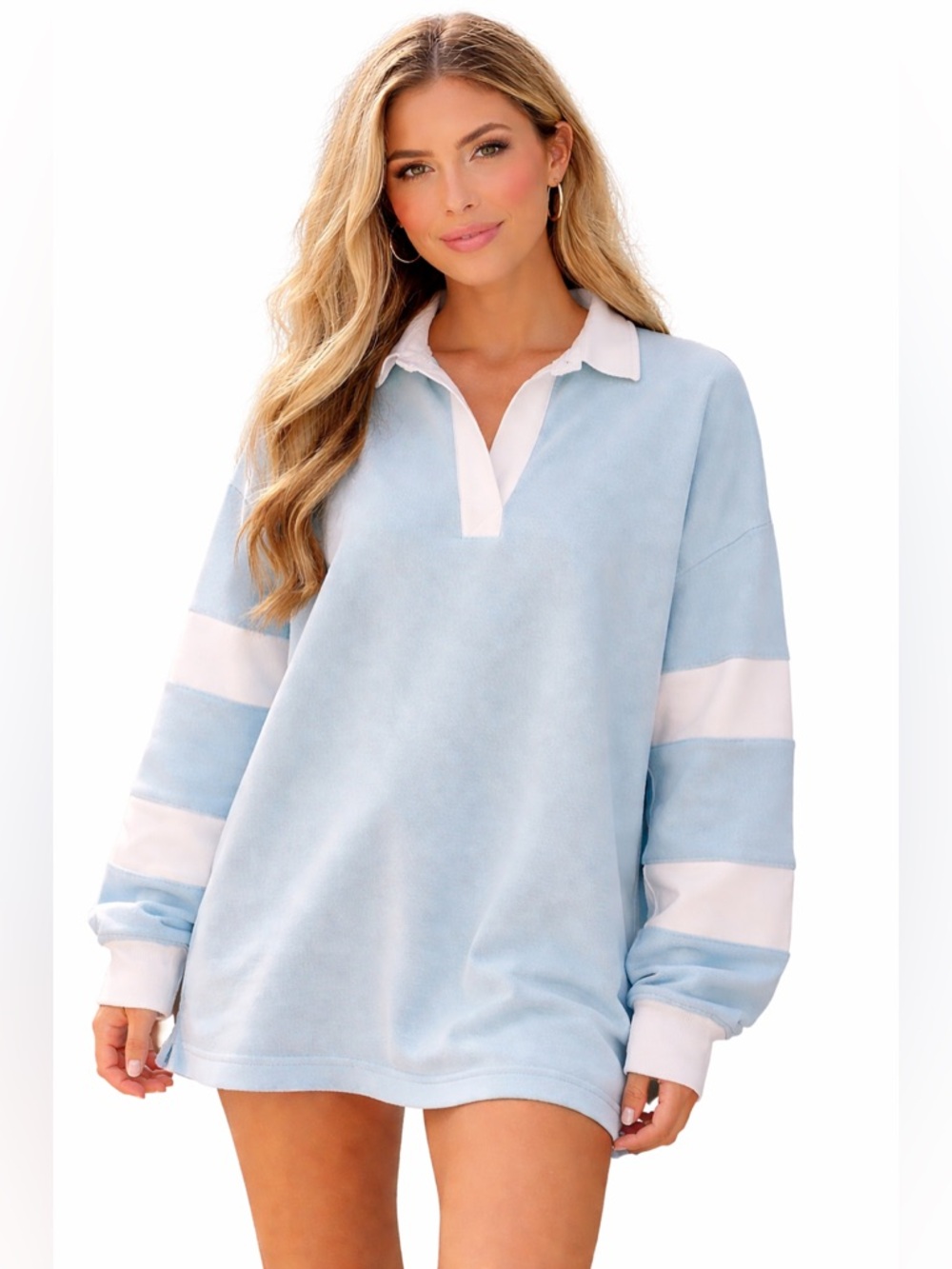 Simply Southern Pastel Blue Rugby Pullover with White Accents size medium - Picture 9 of 9